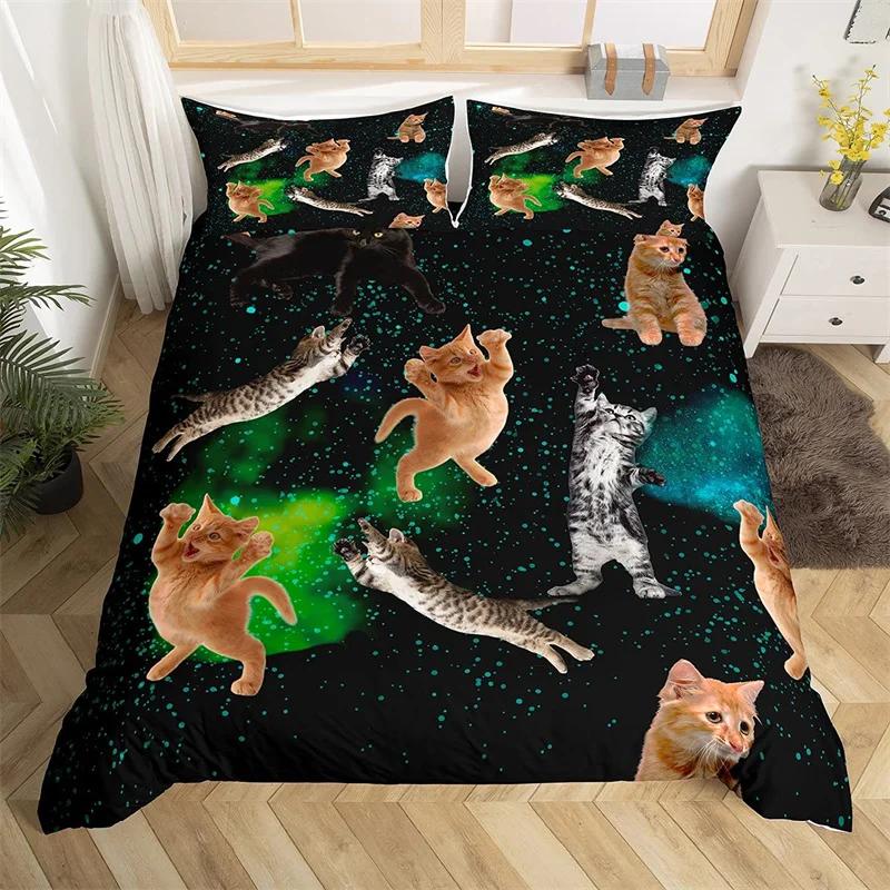 Cat Duvet Cover Polyester Pattern With Hipster Playful Feline Characters, Decorative 3 Piece Twin Bedding Set With 2 Pillow Sham
