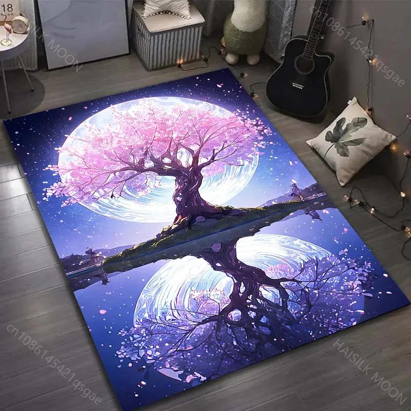 Mond- und Kirschblütenbaum-Muster Teppich Wohnzimmer Schlafzimmer Büro Großflächiger Teppich Computerzimmer Spielzimmer Dekorative Matte Geschenk