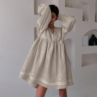 Vestido Solto de Verão Feminino Elegante para Trabalho Manga Longa Decote V Vestido de Algodão Renda Costurada Botões Boho Praia Oversized Vestidos