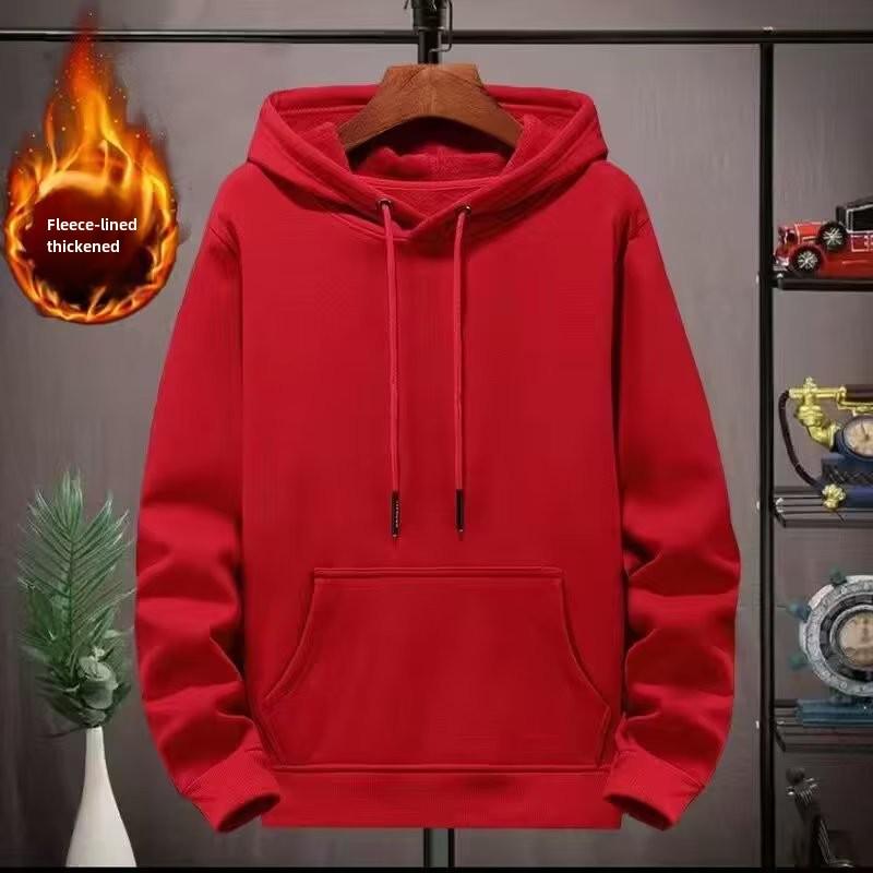 Men's Korean-Style Thick Hooded Sweatshirt - Large, Loose Fit, Velvet-Lined, Solid Color for Fall/Winter