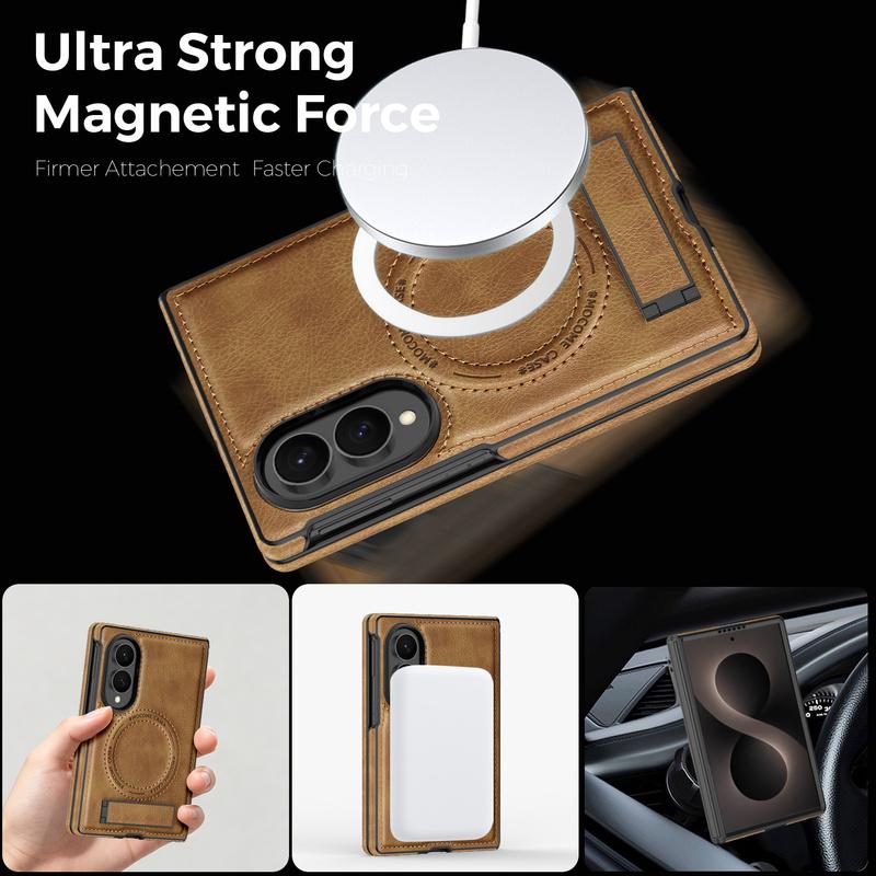 Luxury Business Magnetic Kickstand Leather Phone Case for Samsung Galaxy Z Fold 8 Ultra 7 6 5 4 3 for Magsafe Shockproof Cover