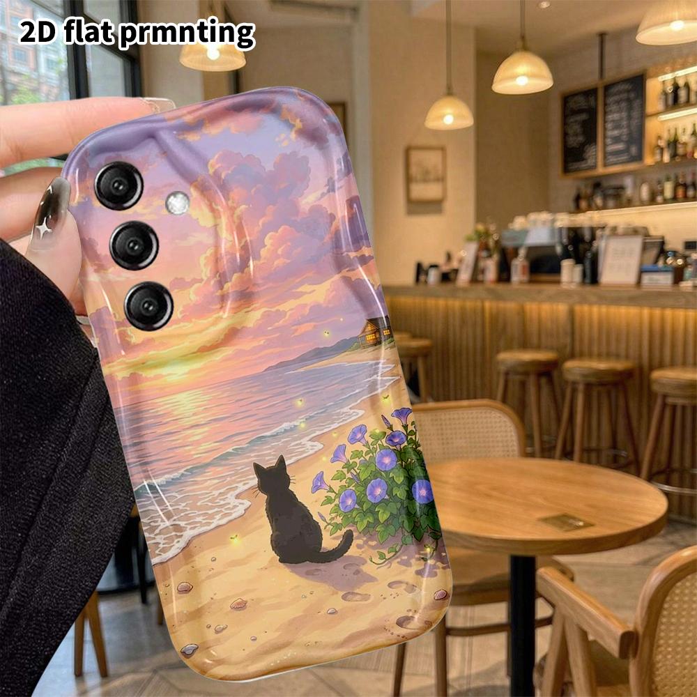 Phone Case: 2D Flat Samsung Galaxy A34 A35 M05 M06 S20 S22 S21 FE Plus 5G Protective Case, Sunset Black Cat, Christmas and Halloween Gifts