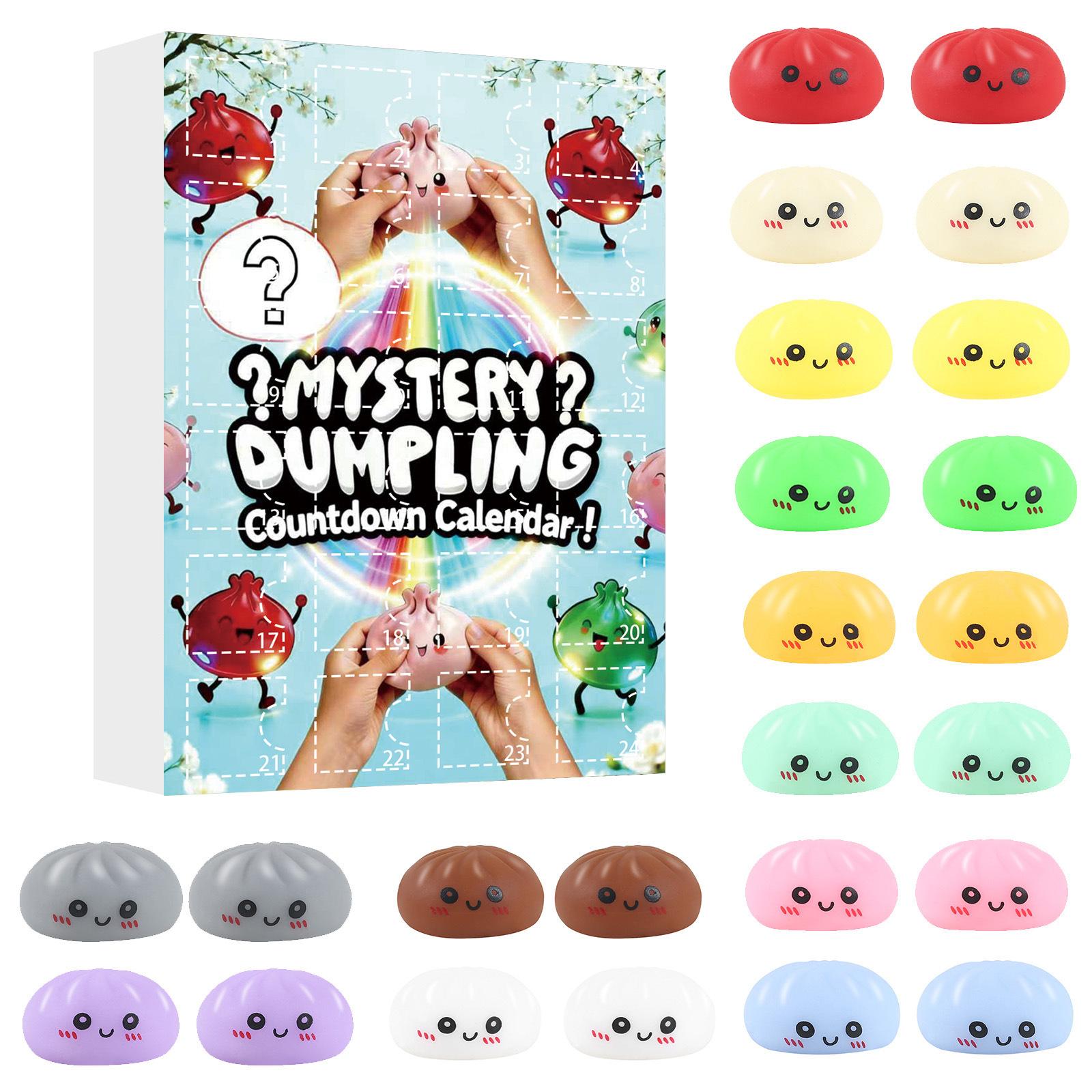 

Mystery Dumpling Countdown Calendar Set with 24 Squeeze Stress Relief Toys in Assorted Shapes and Designs for Sensory Play and Relaxation One Size