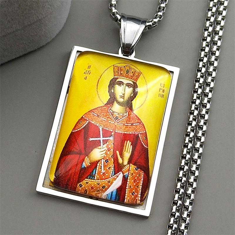 Orthodox Saint Helena Glass Medal Pendant Necklace for Women Men Stainless Steel Gold Color Cross Chain Amulet Jewelry Gift