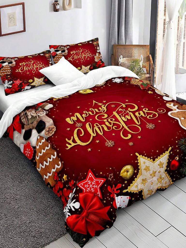 Christmas Bedding Set Red Background Snowflakes Christmas Duvet Cover Set Christmas Gingerbread Man Printed 3 Pieces Christmas