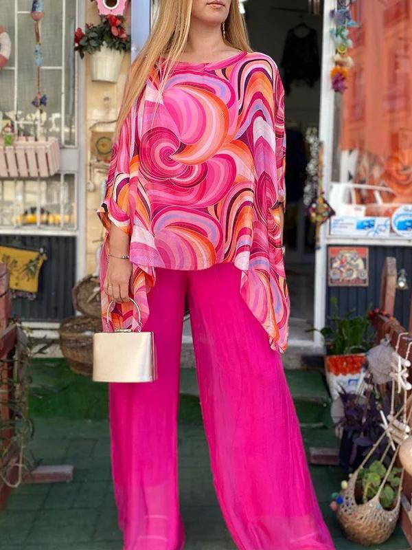 2024 Colorful Chiffon Casual Print Round Neck Two-Piece Summer Set