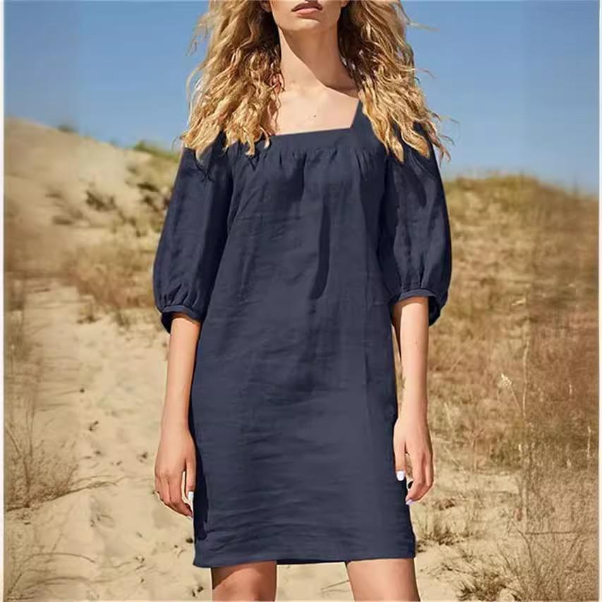 Cotton Linen French Collar Short Sleeve Dress For Casual Office Wear