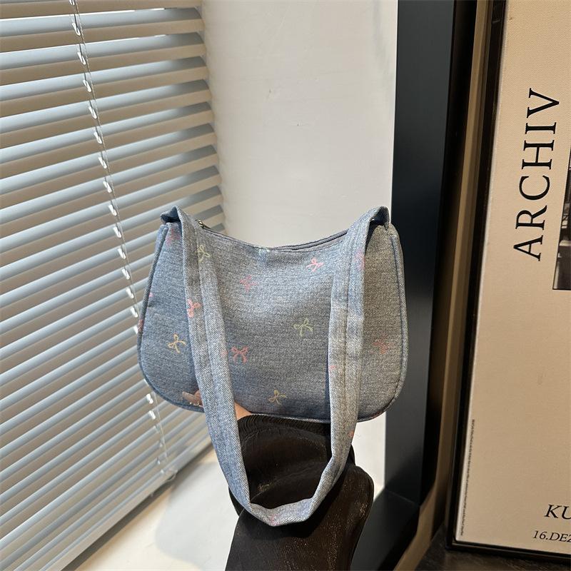 

Sweet niche handbag simple shoulder armpit bag new printed pleated crescent bag women светло-синий