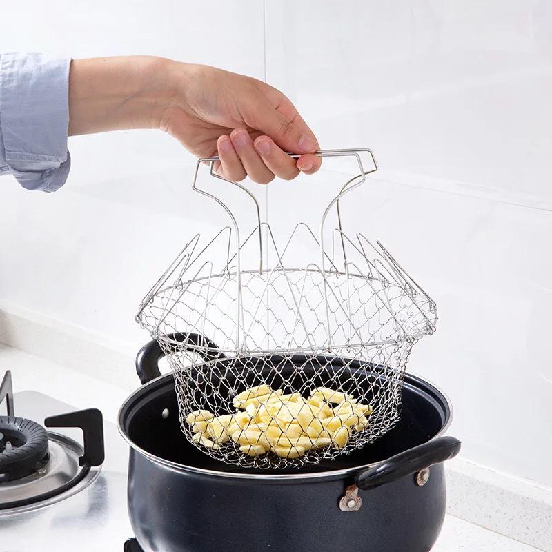 1PC 304 Stainless Steel Frying Basket Household French Fries Fried Chicken Wings Telescopic Folding Round Filter Drain Basket Frying Basket