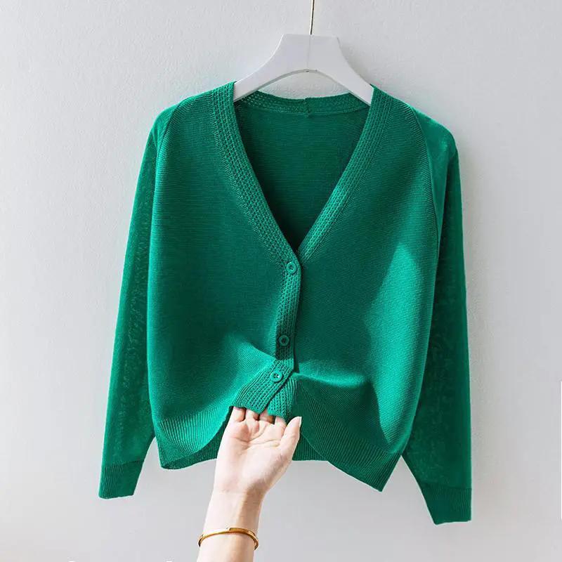 

WTEMPO V-образный вырез Тонкий Большой размер Однотонный свободный вязаный кардиган Женский повседневный длинный рукав свитер на пуговицах Кардиганы XL зелёный