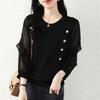 Korean Gauze Patchwork Blouse 3/4 Sleeve Women's Clothing Commute Solid Color O-Neck Spring Autumn Button Basic Knitted Shirt