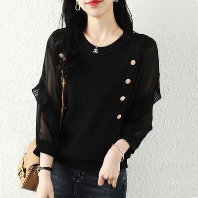 Korean Gauze Patchwork Blouse 3/4 Sleeve Women's Clothing Commute Solid Color O-Neck Spring Autumn Button Basic Knitted Shirt