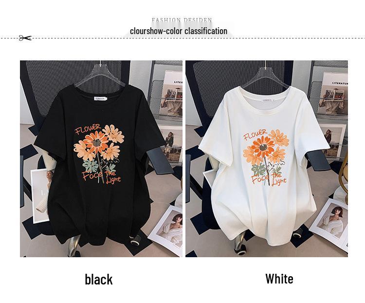 Plus Size Loose Fit Mid-Length Round Neck T-Shirt for Women (Short-Sleeve, Slimming, Belly Covering, Available In Sizes 200/300/350 Jin)