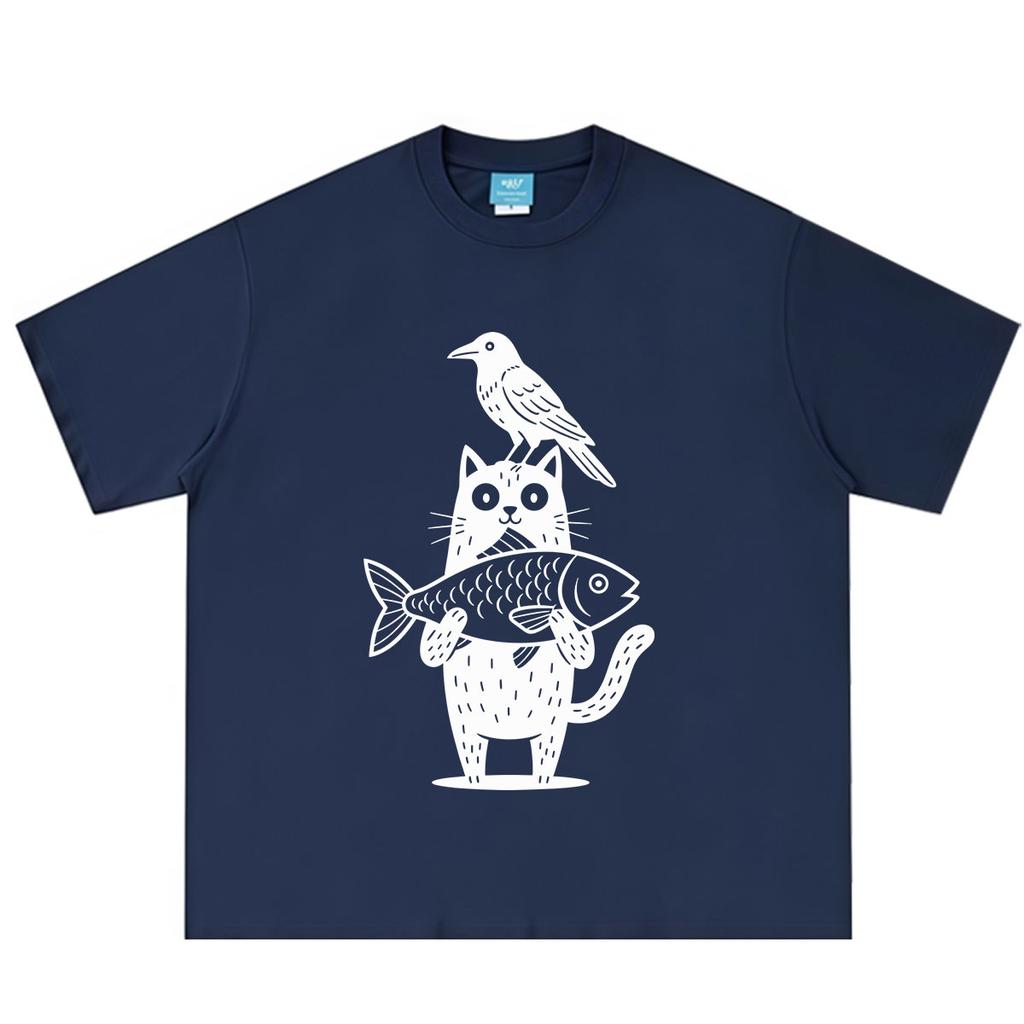 Cartoon Cat And Crow Fish Funny Meme Tshirt Unisex Unisex Vintage Fashion Tshirt Summer Shortsleeved Loose Casual Cotton Tshirts
