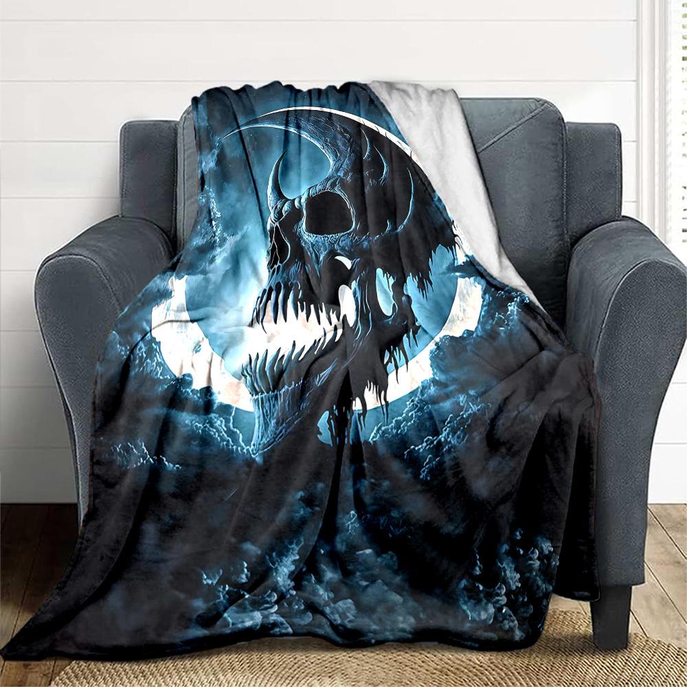 1pc Moon Skull Blanket, Lightweight Flannel Throw Blanket for Sofa, Bed, Travel, Camping, Living Room, Office, Couch070