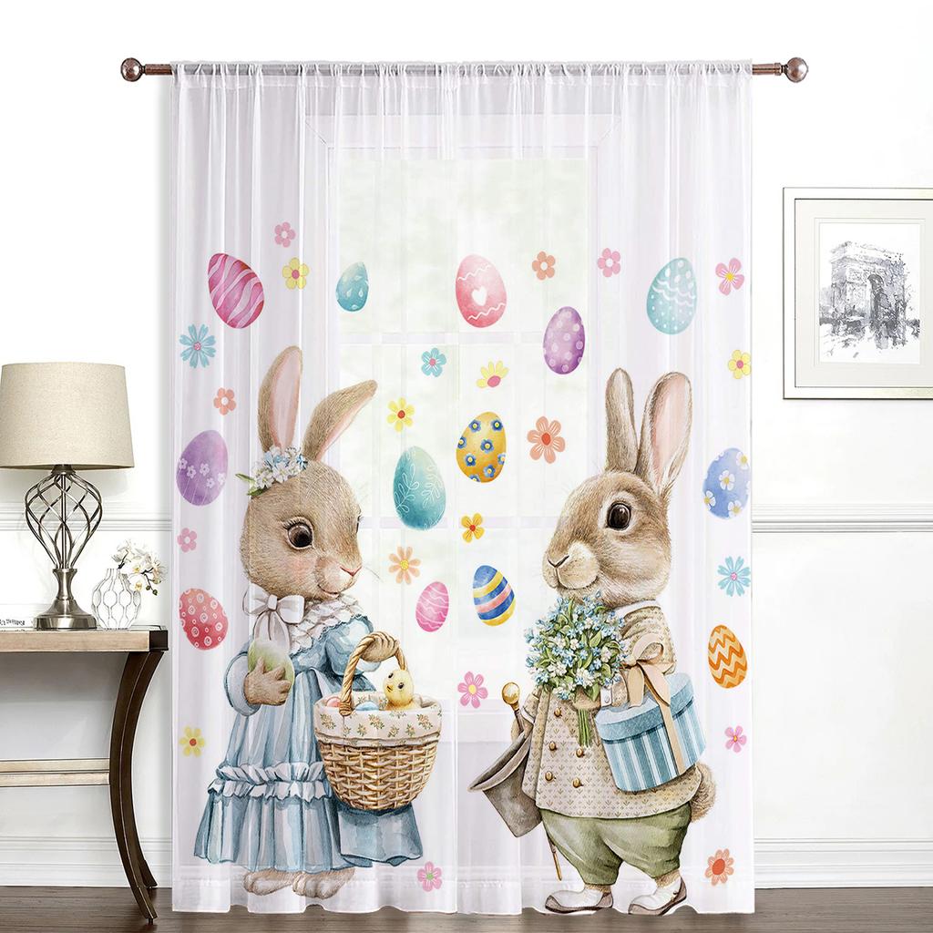 Single Panel Easter Bunny Curtain Rabbit Egg Pattern Pole Window Spring Kids Room Decor Sheer Polyester
