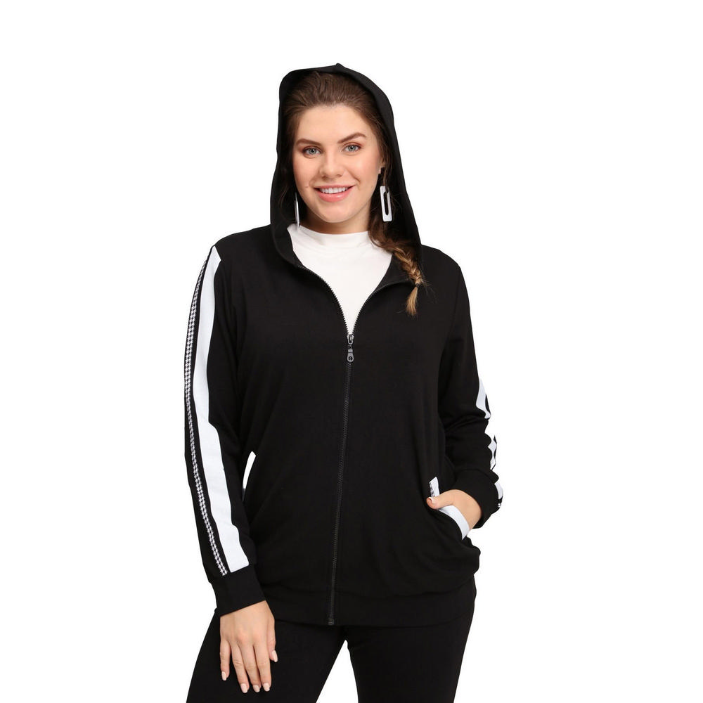 Fierte Women's Large Size Jacket Lm45011 Zipper Closure Seasonal Hood Stripe Detail Double Pocket Long Sleeve Sports Tracksuit Top Anthracite Black