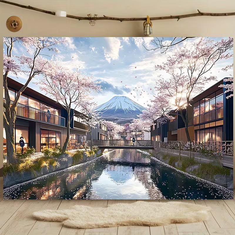 2D Tokyo Style Banner, Modern City and Cherry Blossoms Backdrop for Decor 47.2x31.5inch/120*80cm