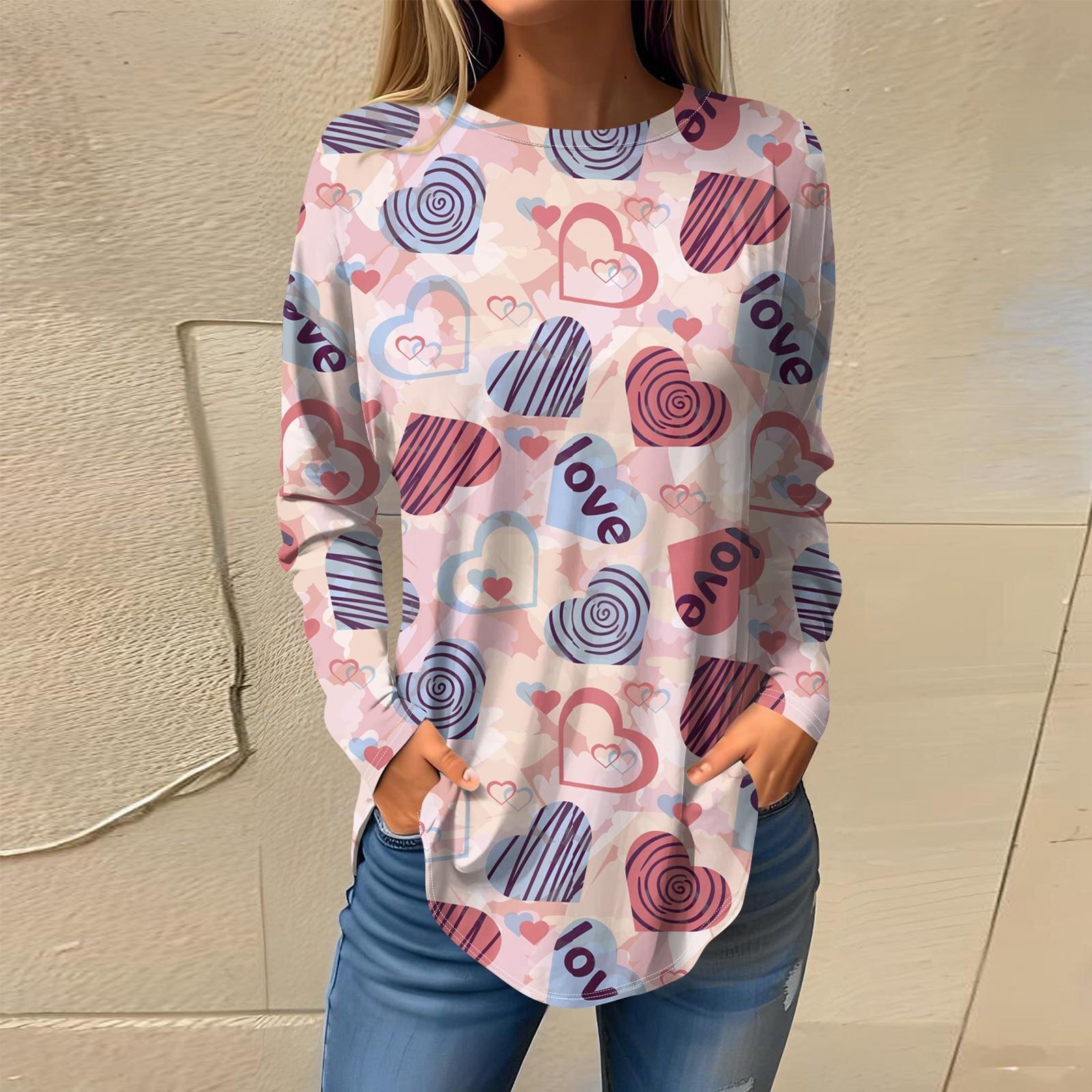 

Жіночі футболки для осені Повсякденні сорочки з довгими рукавами Світшоти Вінтажний топ з графічним принтом Пуловер День Святого Валентина XL винний