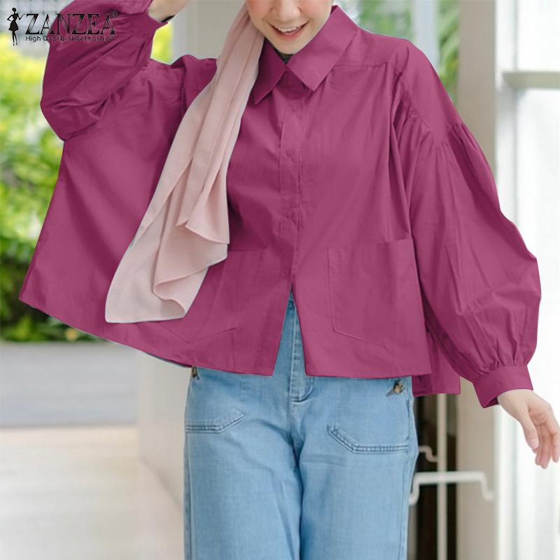 

ZANZEA Женская повседневная свободная блузка с длинным рукавом и отложным воротником