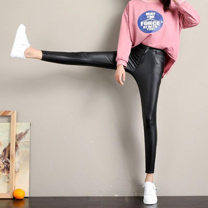 Women's High-Waisted Black Matte Leather Leggings - Fleece-Lined and Slimming for Fall/Winter