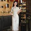 Elegant Beige Chinese-Inspired Long Cheongsam Dress Women 2025 Short Sleeve Retro Style Daily Wear