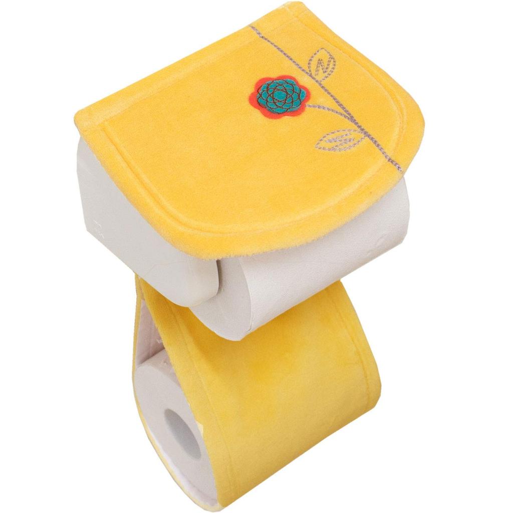 Oka Etoff Gelbes Toilettenmatten-Set, 3-teiliges Set (60x64cm Toilettenmatte + Hausschuhe + Toilettenpapierhalter-Abdeckung), Glücksbringer Gelb, Skandinavisches Design