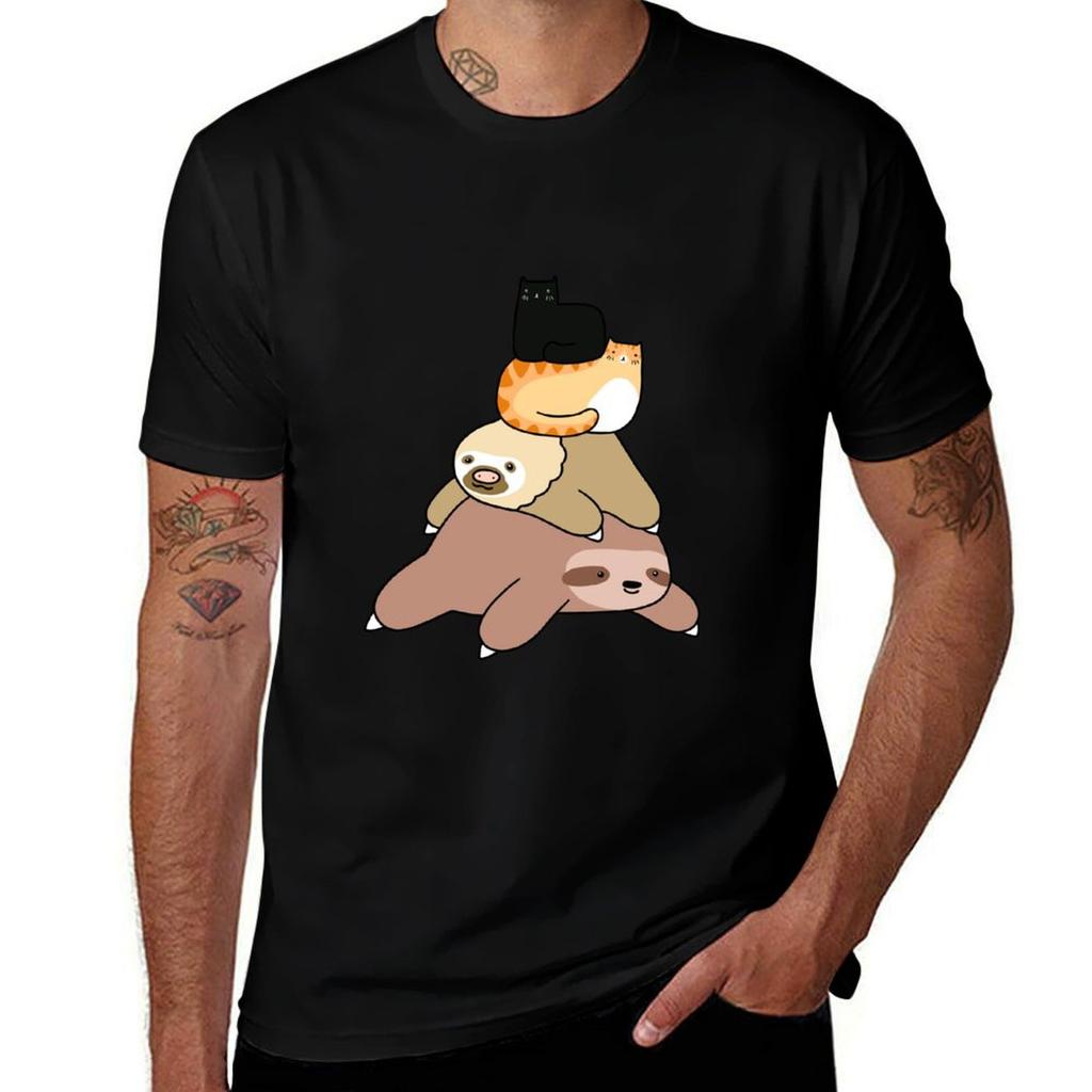Sloth And Cat Pile Tshirt Anime T Shirts Oversize Funny T Shirts Cotton Unisex T Shirt Heavy Cotton Tshirt