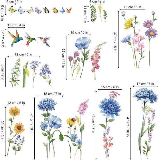 Wondever Summer Garden Flower Window Clings Hummingbird Floral Butterfly Glass Decal Anti Collision Double-Side Static Window Stickers for Home Glass