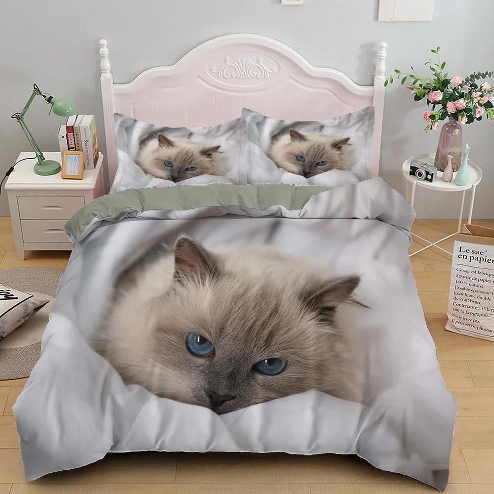 Cat Lovely Animal Kitten Comfortable Duvet Quilt Cover Pillowcase Bedding Set Children Bedroom Decoration Home Textile
