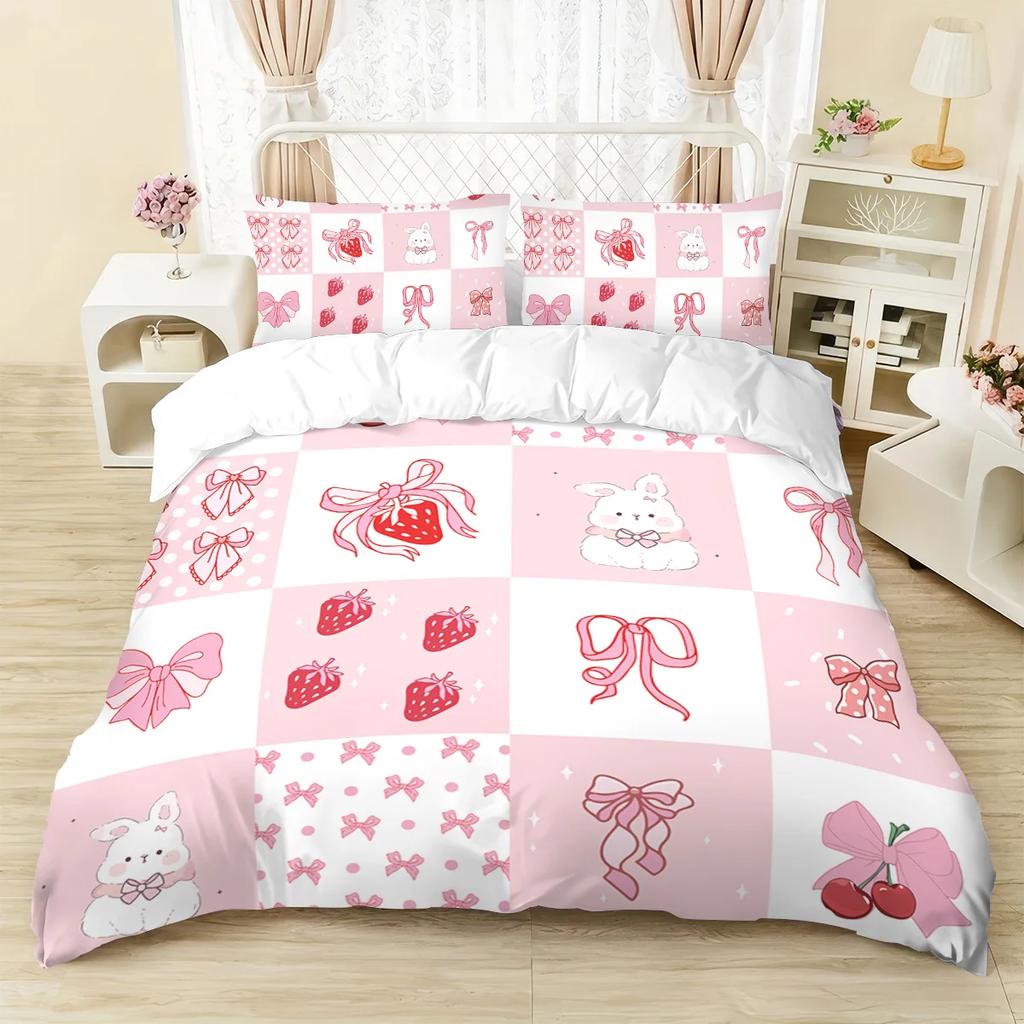 3pc Bedding Pink Rabbit Bow Strawberry Print (1 Set +2 Pillowcases, No Core), Bedding, Various Size To Meet Different Needs