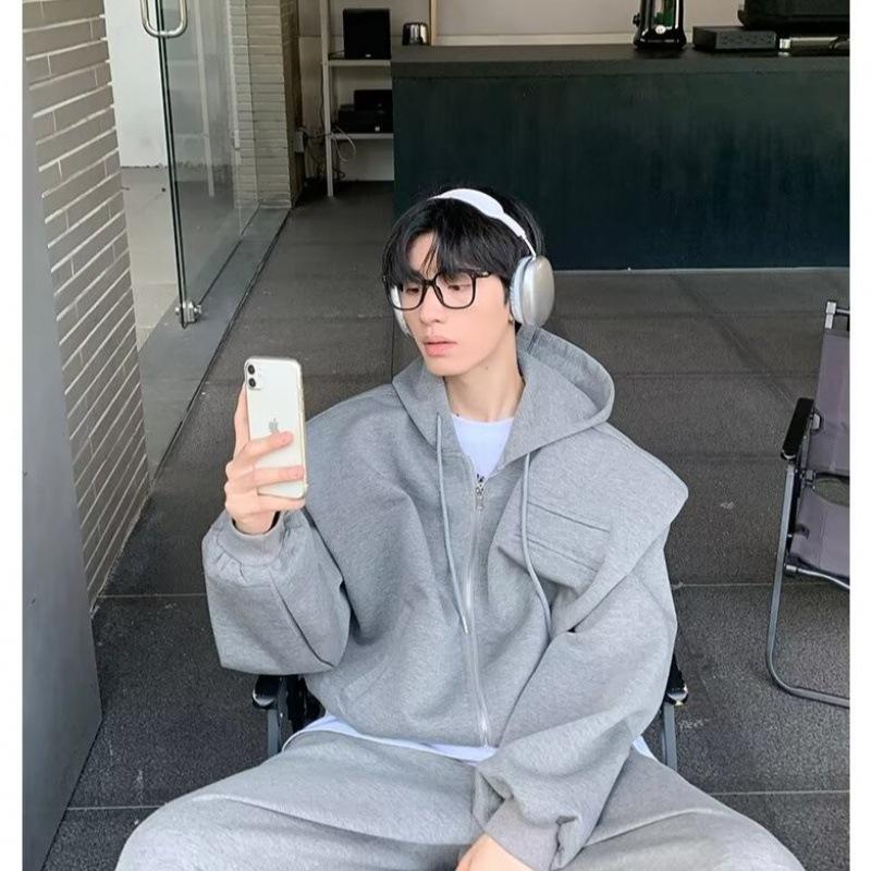 

Унисекс Американский ретро свободный кардиган с подплечниками и капюшоном на молнии XL серый