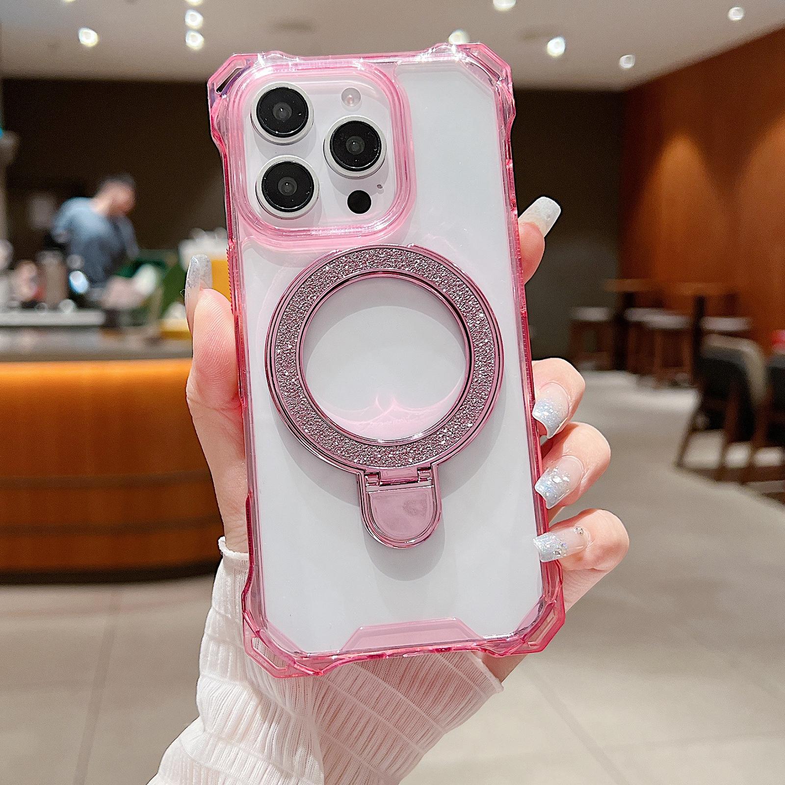 

For iPhone 16 Pro Max Case Glitter Magnetic Kickstand Reinforced Corners Acrylic+TPU Phone Cover A