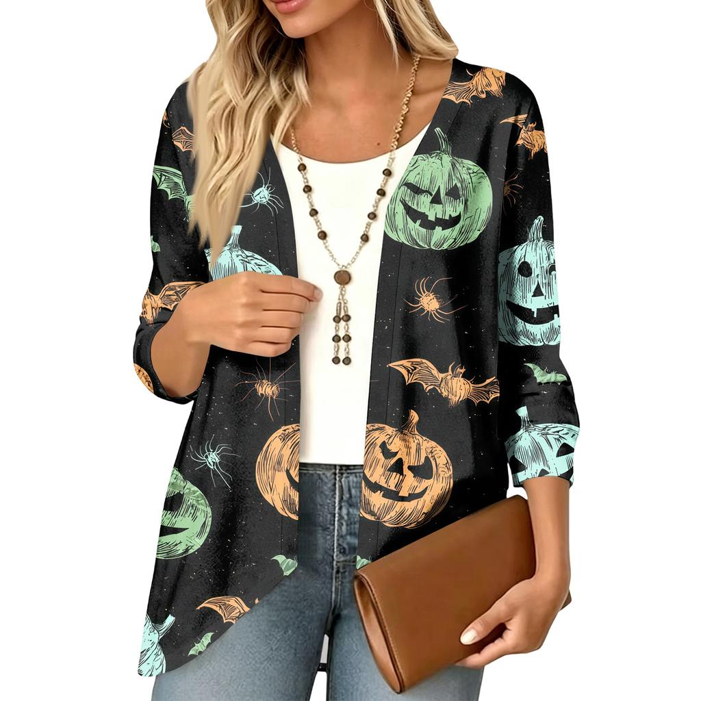 Women's Halloween Print 3/4 Sleeve Lightweight Loose Fit Cardigan for Casual Wear