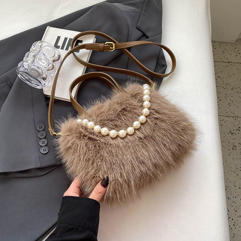 Winter Fashi Faux Fur Crossbody Bags For Women's Gift, Pearl Chain Decor Shoulder Bag, Ladies Handbags Top-handel Bag