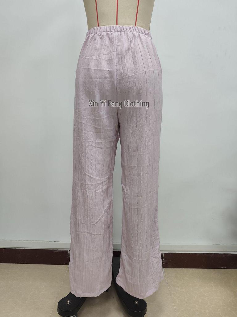 2025 Sommer Damen Lässige Strukturierte Weitbeinige Hose mit Geknoteter Taille und Schrägen Taschen