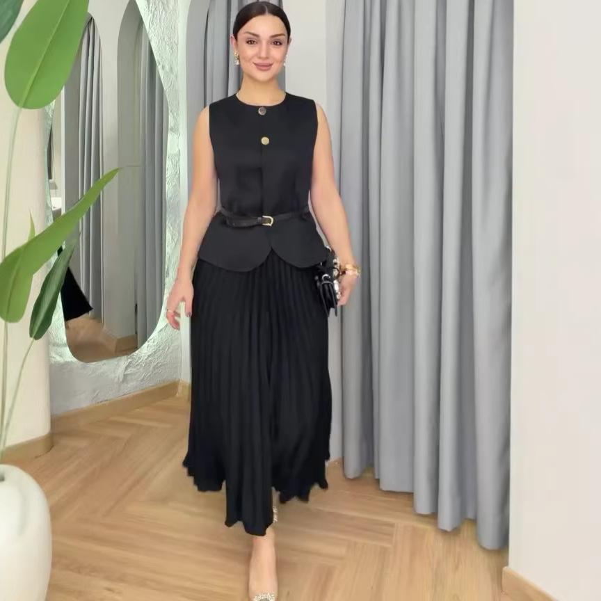 Cross-border European and American women s clothing summer new sleeveless lapel zipper shirt top waist dress XS чёрный