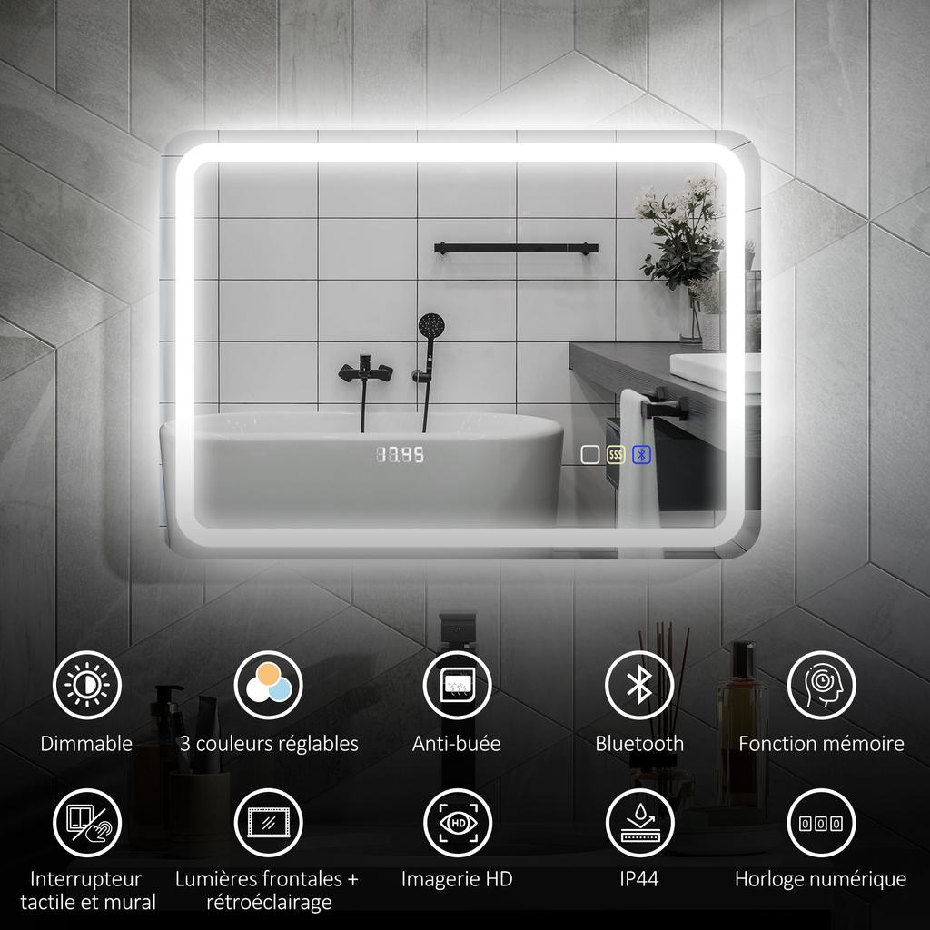 Bathroom mirror Bluetooth with LED lighting 50 x 70 cm, illuminated wall mirror with clock, anti-fog, silver
