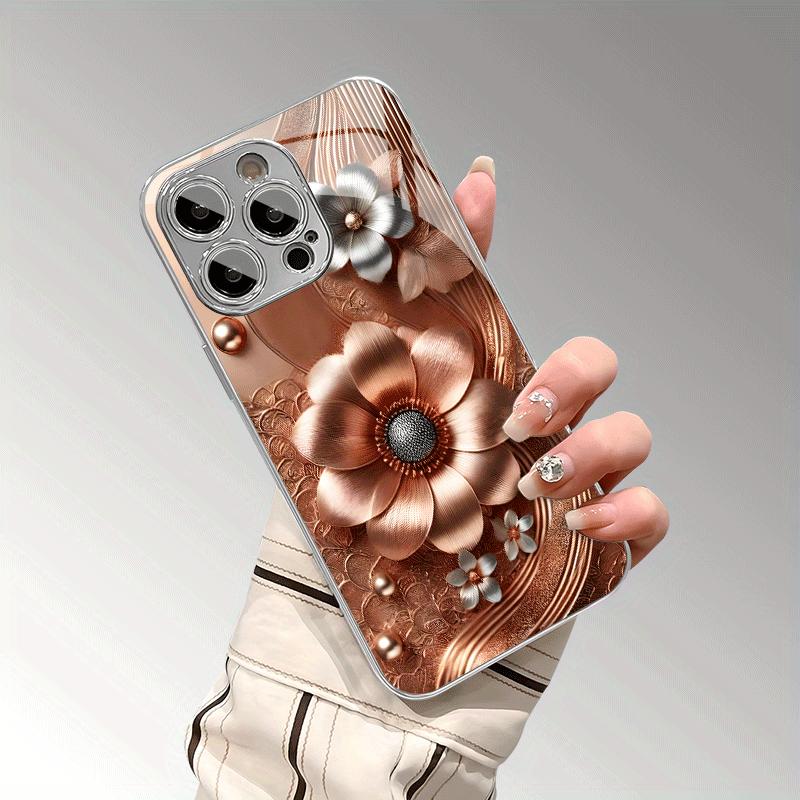 Golden Three-dimensional Beaded Floral Decorative Pattern Electroplated Glass Phone Case for iPhone 16 16Pro 16ProMax 16Plus