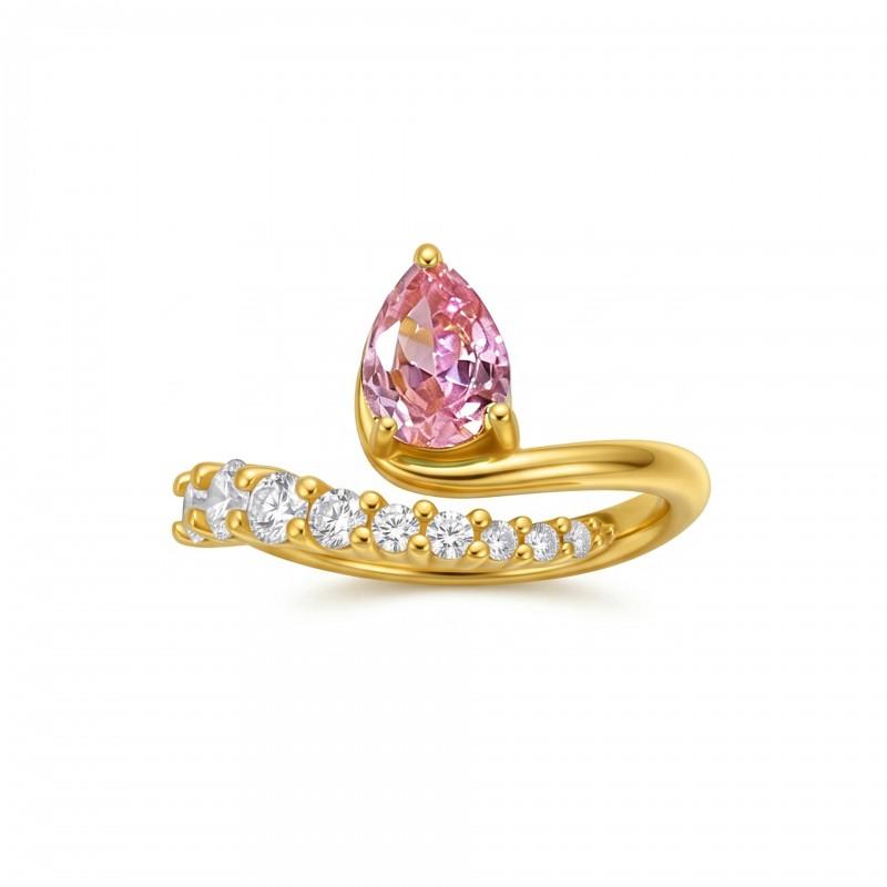 Adjustable Open Ring Women With Pink Cubic Zirconia Aquamarine CZ Stone Geometric Design Lightweight Luxury Style Gold Tone - Pink Zircon Adjustable