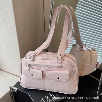 Popular Texture Retro Underarm Bag Women's 2025 New Korean Foreign Style Portable Double Pocket PU Leather Shoulder Boston Bag