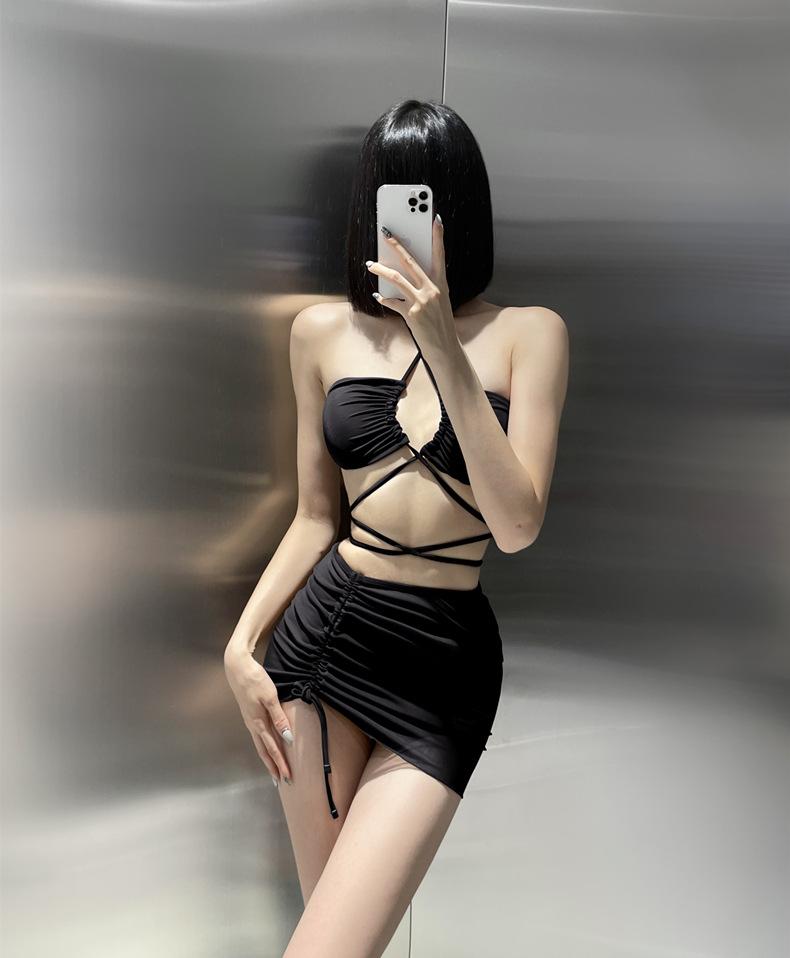 

Sexy Strap Bikini INS Split Three-piece Swimming Suit Small Chest Gathered Spicy Strips Swimwear M чёрный