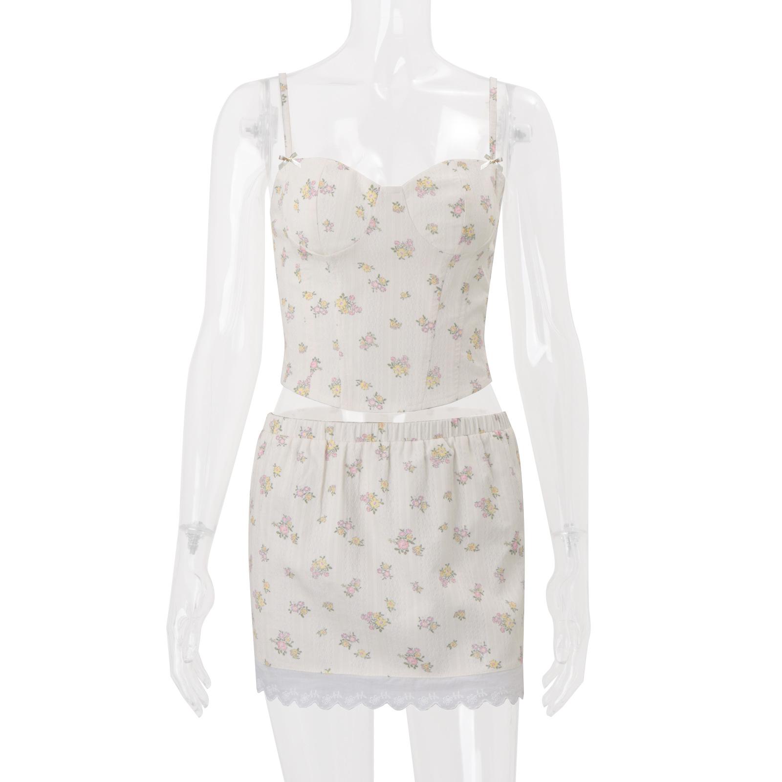 European and American women s clothing 2026 summer new fashionable sweet small fresh vacation style floral suspender top short skirt set S абрикосовый