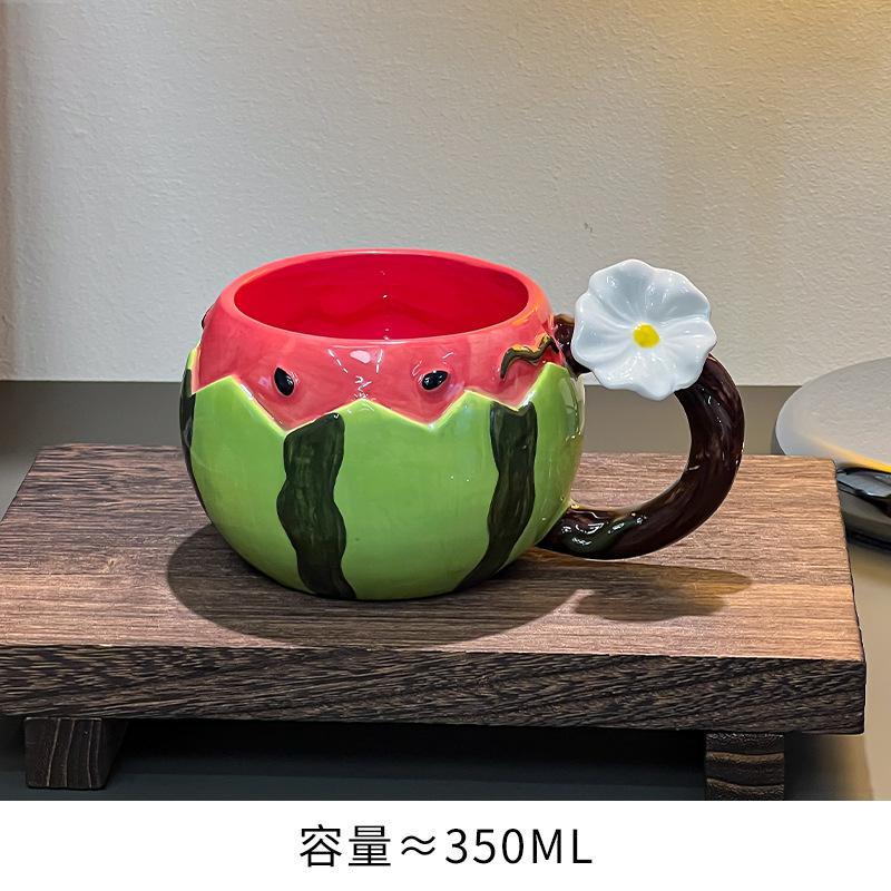 

350ML Creative Ceramic Watermelon Coffee Cup with Spoon Exquisite Afternoon Tea Flower Tea Coffee Cup Home Breakfast Milk Mug 350ML