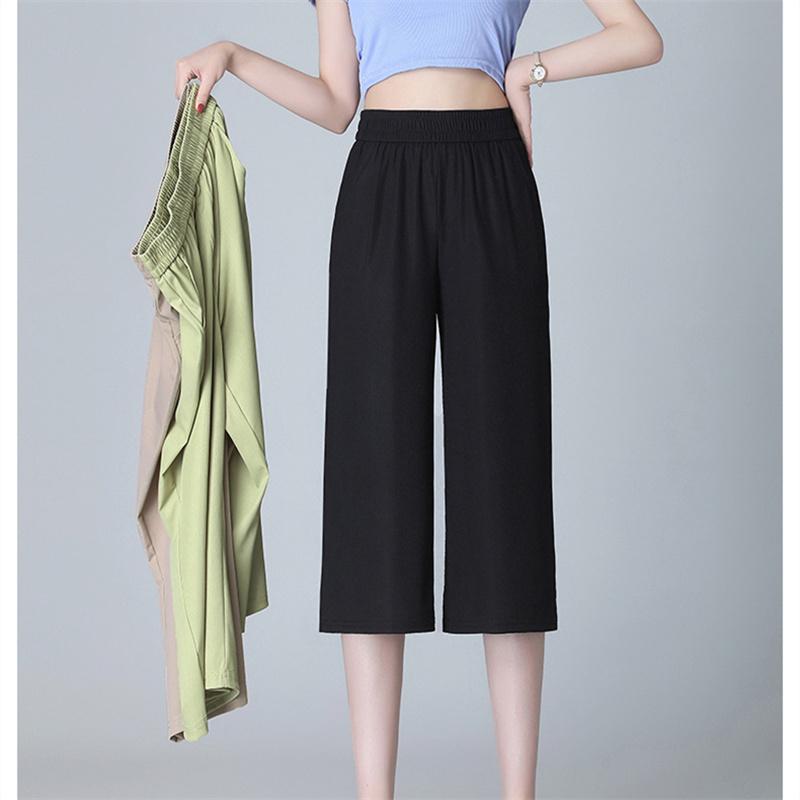 2022 Summer Fashion Chic Slim Fit Wide Leg Trousers Solid Casual Elastic High Waist Loose High Street Trend Capris Pants Women