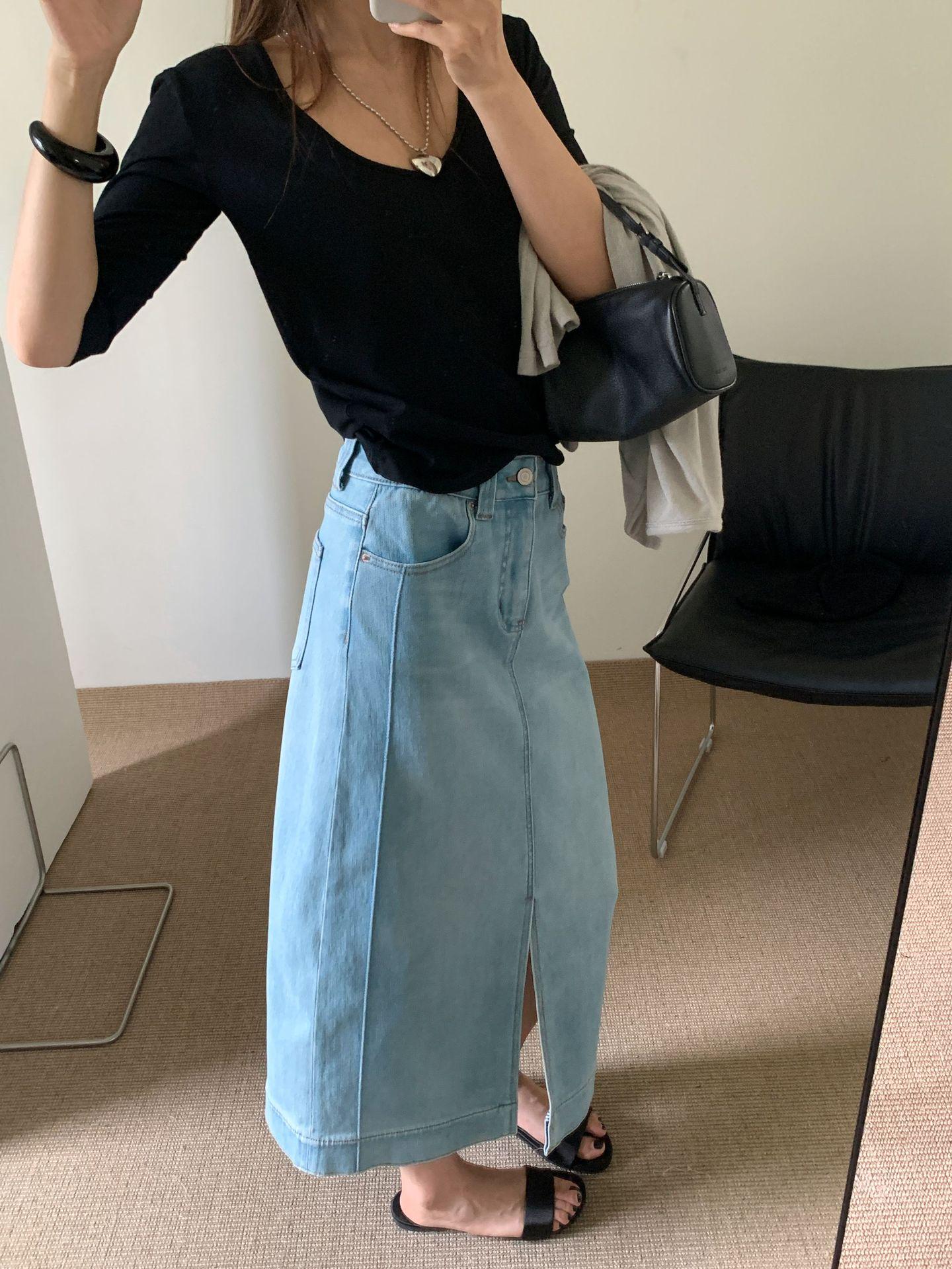 

Весенне-летняя юбка из денима средней длины с четырёхсторонним стрейчем в европейском стиле, с мягким характером M светло-синий