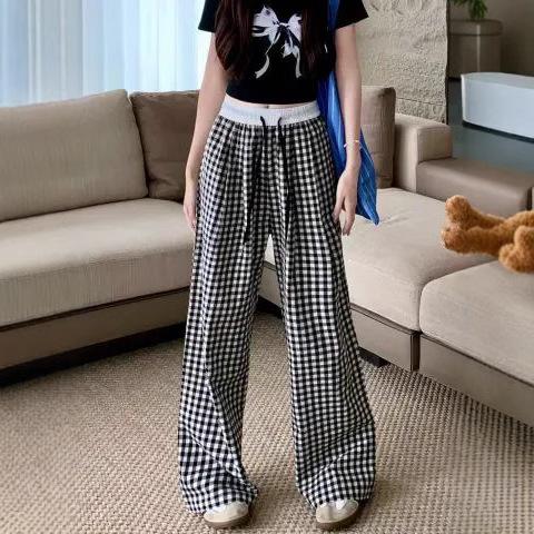 Summer three-color plaid loose casual pants women's thin versatile floor pants high-waisted lazy drape straight pants