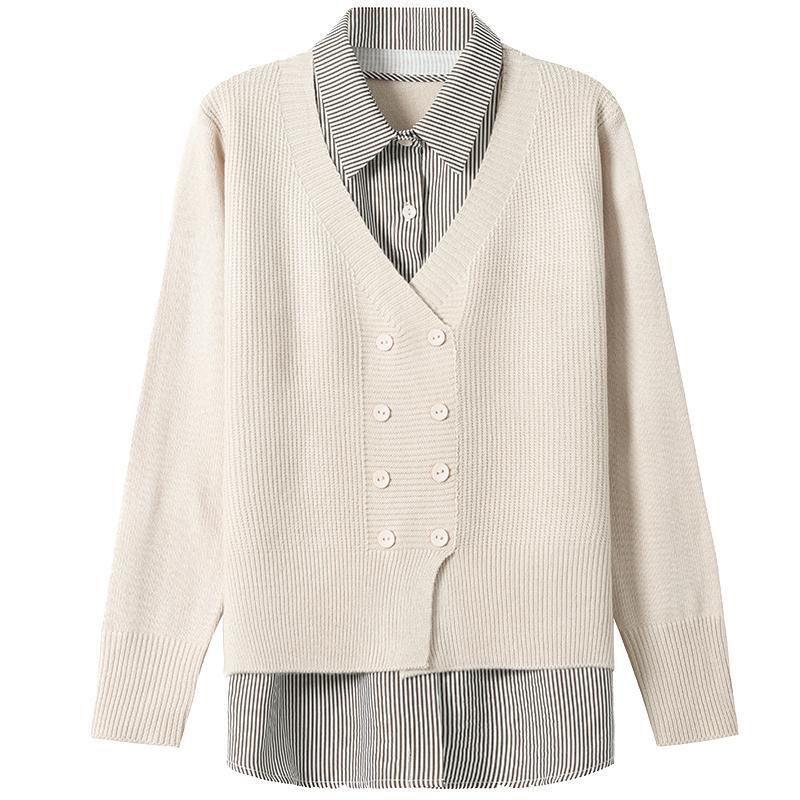 Autumn Winter Polo-neck Fake Two Pieces Casual Fashion Sweaters Women Vintage Bottomed Knitting Top