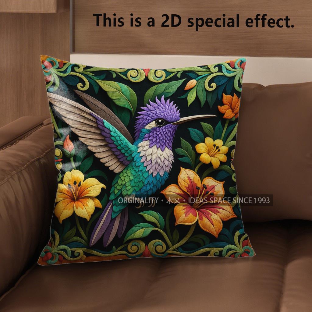 2D Tropical Hummingbird Floral Throw Pillow Covers Pattern Cushion Cover Suitable For Sofa Bedroom Car Pillow Cover