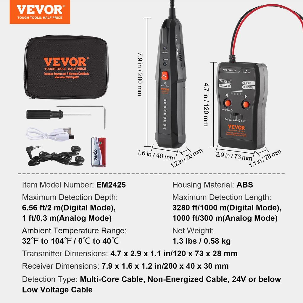VEVOR Subterranean Wire Locator, Up To 6.5 FT Detection Depth, Earphone-Included Cable Tracer and Break Detector, 3280 FT Detection Range